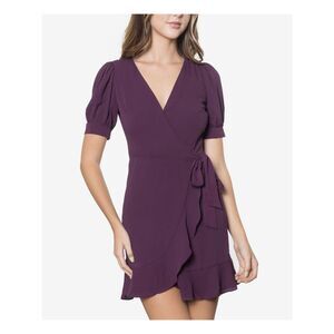 NWT B DARLIN Womens Purple Tie Short Sleeve V Neck Mini Wrap Dress 5\6
